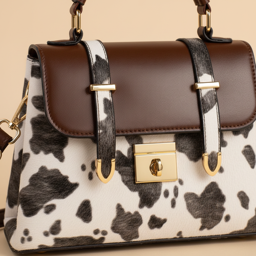 Cow print mini satchel texture close-up gold hardware detail