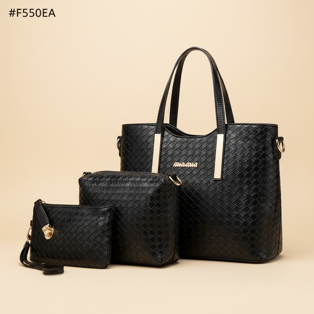 3-piece woven leather handbag set black cream background