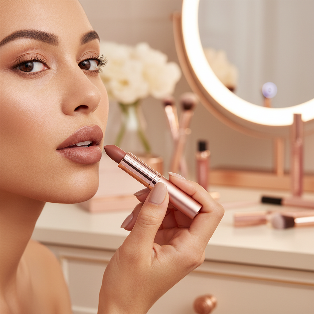 Woman with perfect nude matte lips applying lipstick from rose gold lip kit lifestyle
