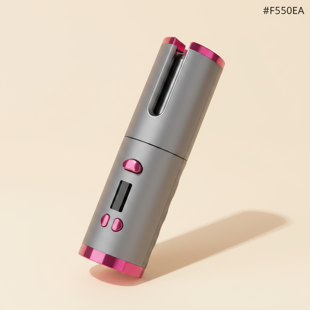 Grey fuchsia pink cordless auto hair curler 45 degree angle view