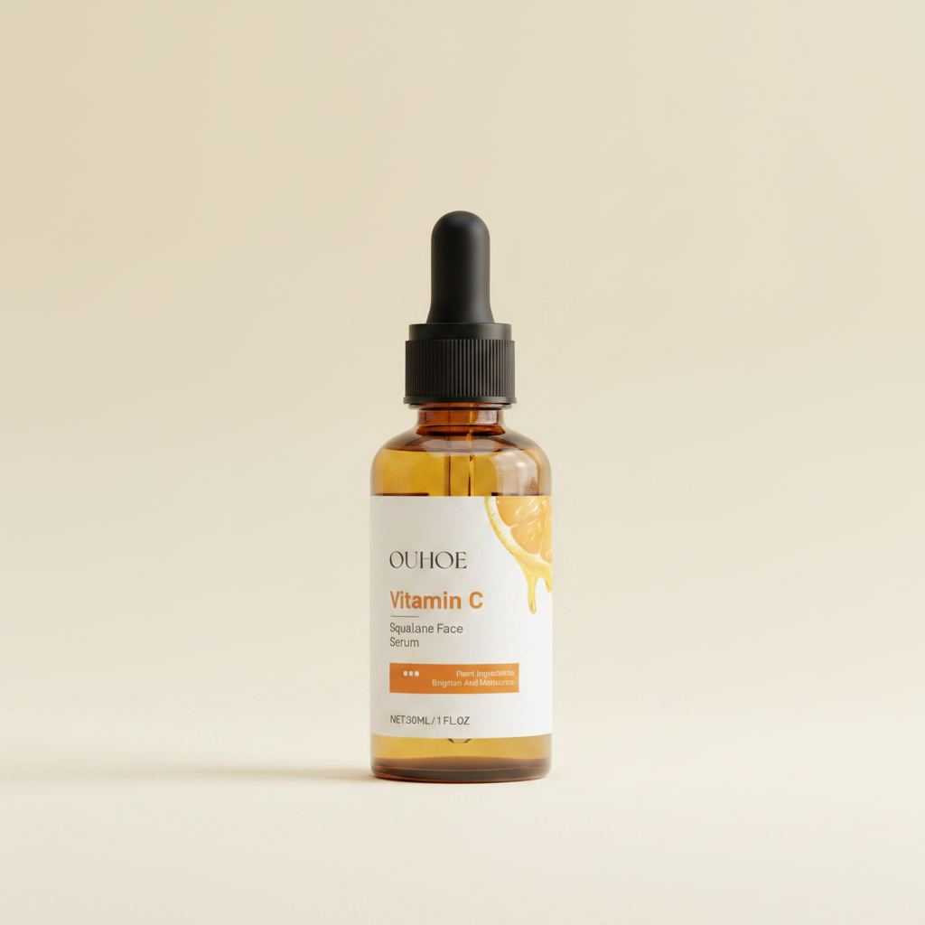 Vitamin C serum solo bottle clean cream background