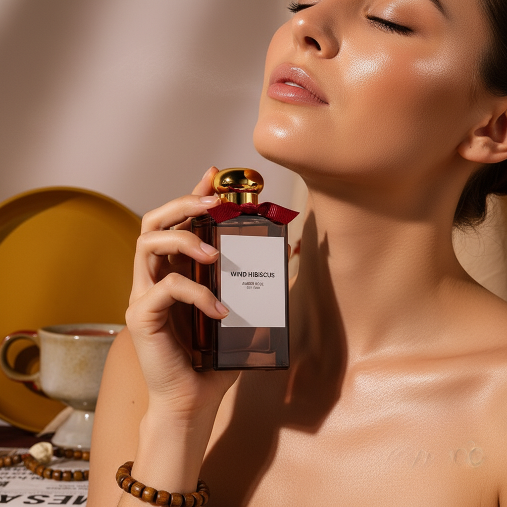 Elegant woman applying perfume on her neck in warm amber tones
