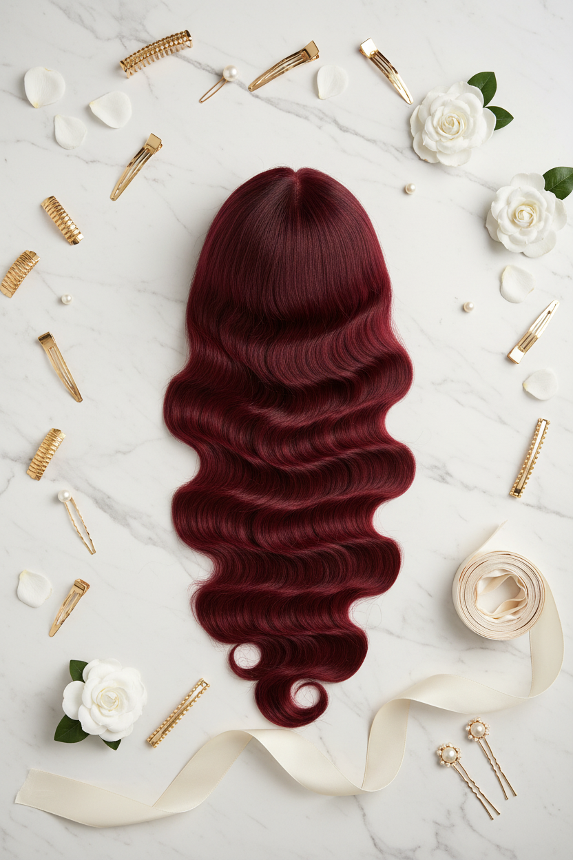 Velvet Rouge Burgundy Wig - Luxury Flat Lay with Gold Accessories