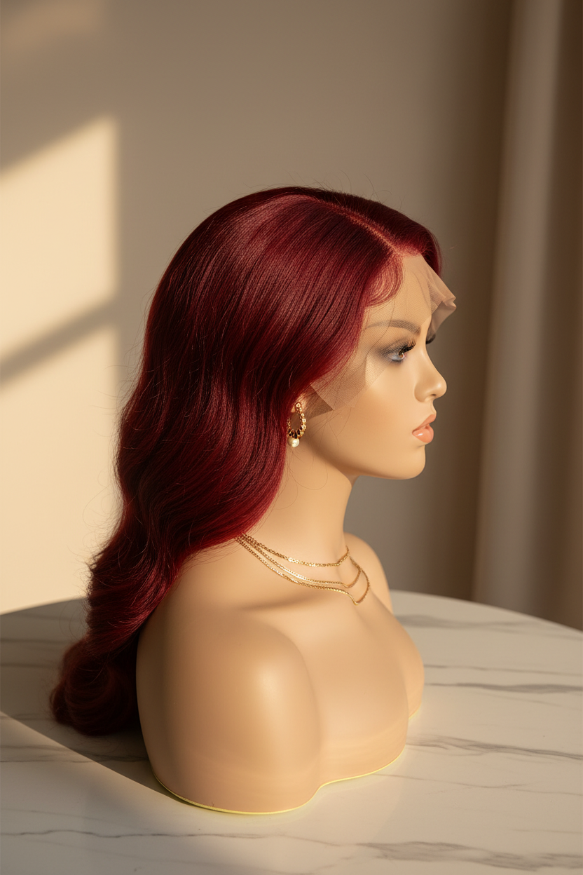 Velvet Rouge Burgundy Wig - Side Profile Gold Accents