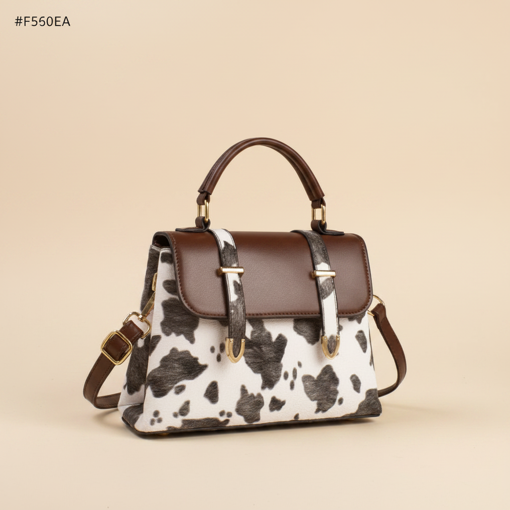 Cow print mini satchel handbag clean hero cream background