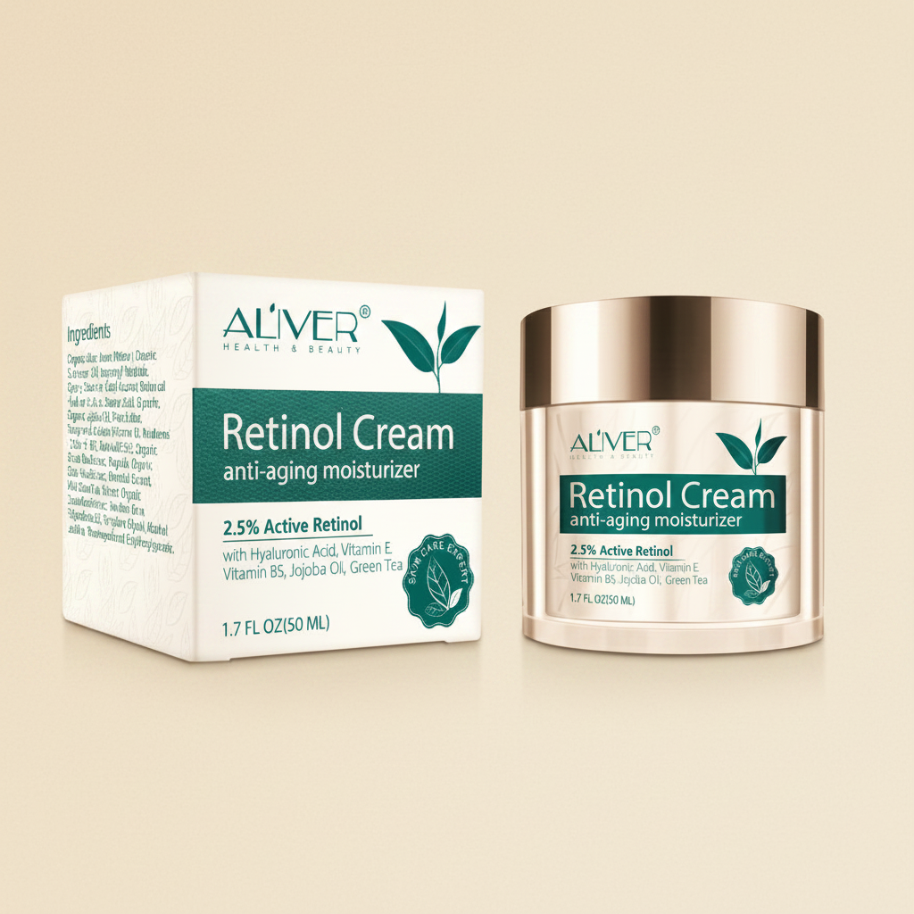 Retinol cream jar and box clean cream background