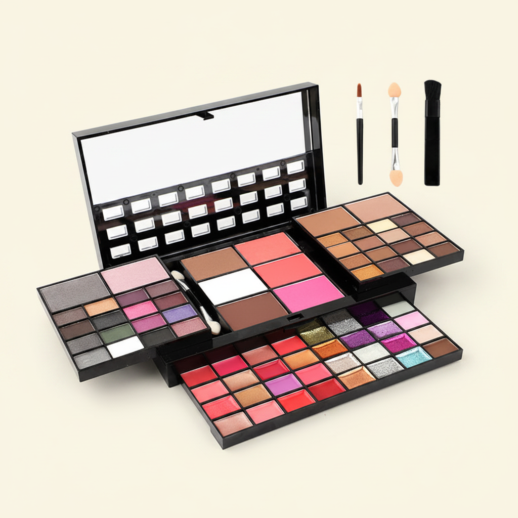 Large all-in-one makeup palette fully open clean cream background