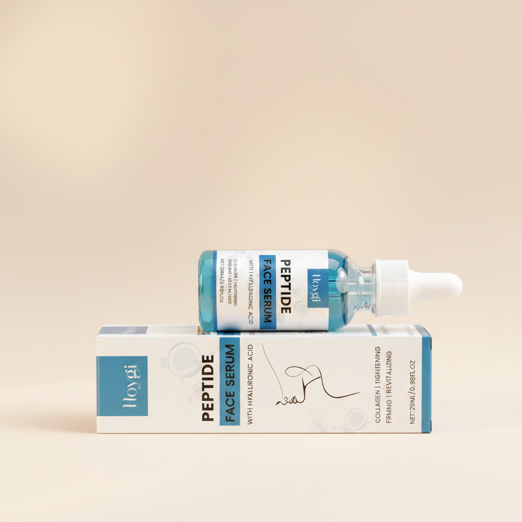 Peptide face serum bottle laying on box cream background