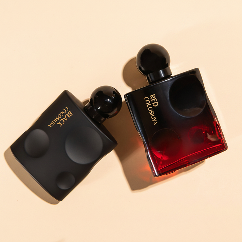 Cocosilva Black and Red perfume both bottles clean cream background