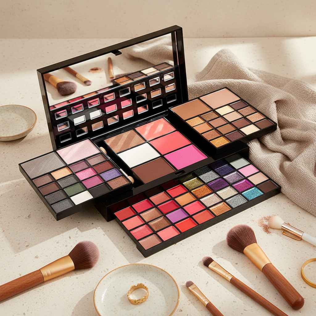 All-in-one makeup palette flat lay cream stone beige towels brushes gold accents