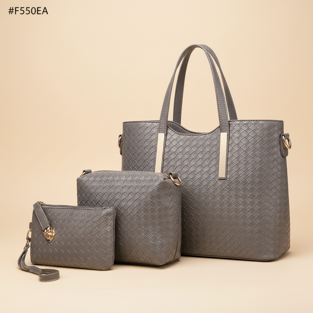 3-piece woven leather handbag set grey cream background