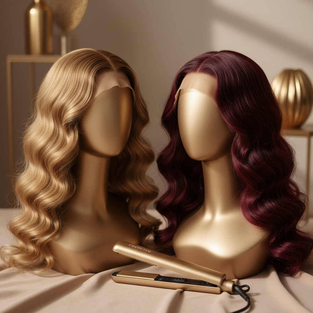 Luxury Wig & Styling Bundle – Golden Blonde + Burgundy Wigs & Mini Straightener by Fericire, lifestyle