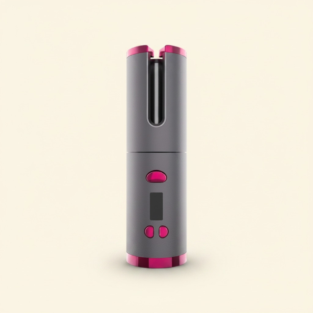 Grey fuchsia pink cordless auto hair curler front view clean cream background