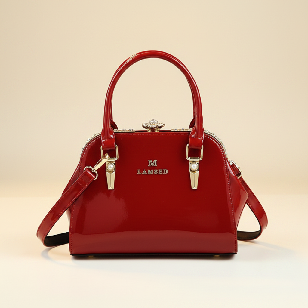 LAMSED glossy red patent leather shell handbag clean cream background no props